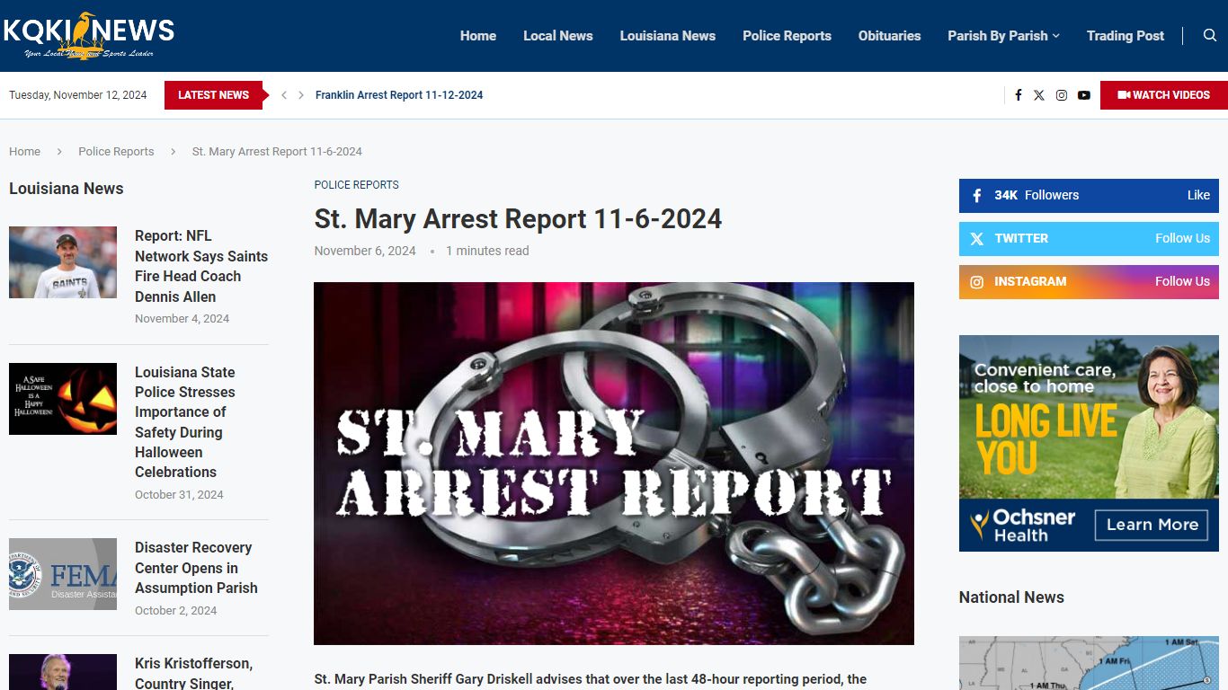 St. Mary Arrest Report 11-6-2024 – KQKI News